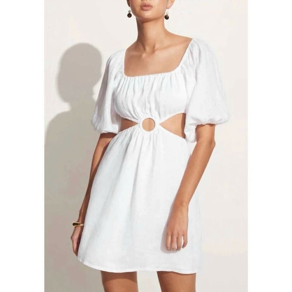Faithfull The Brand Almero Mini Dress - Plain White Size 6 Boho Linen NWT